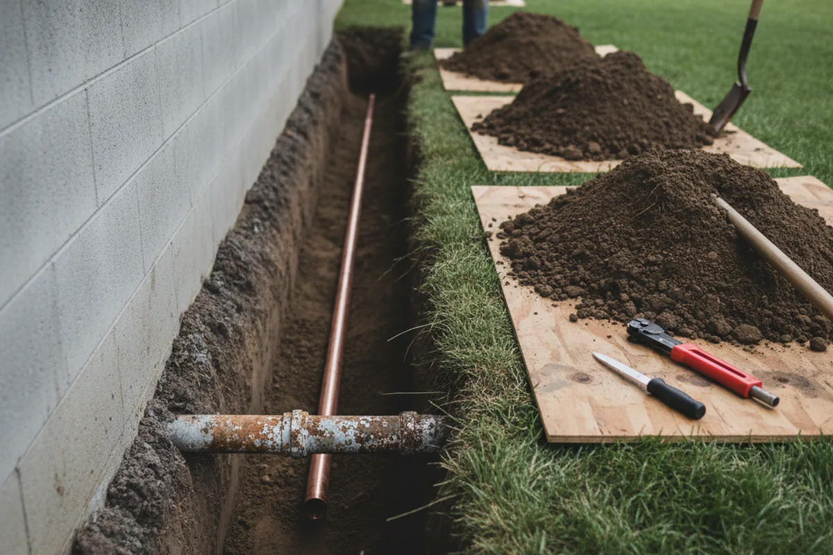 Excavated water line trench during Sewer Line Repair in Silverstreet